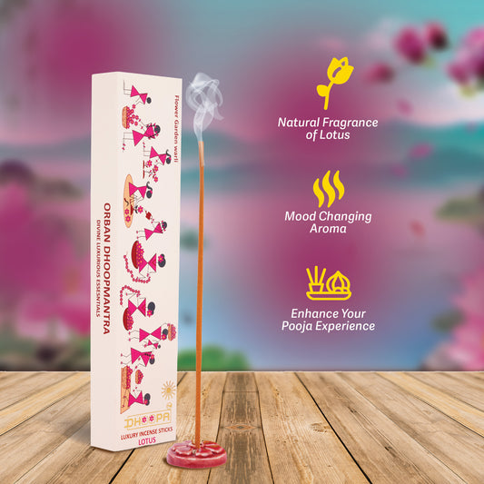 DHOOPA by ORBAN - Warli Luxury Incense Sticks | for Puja & Relaxation | Natural Lotus Fragrance | with Bookmark and Premium Incense Stand