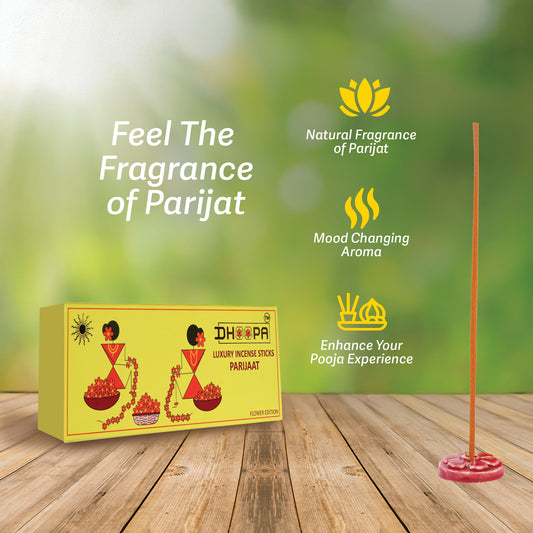 DHOOPA By ORBAN – Luxury Flower Edition Long Incense Sticks |Natural Freshness, Perfect for Festivals & Daily Pooja | Parijaat Fragrance | With bookmark and Stand