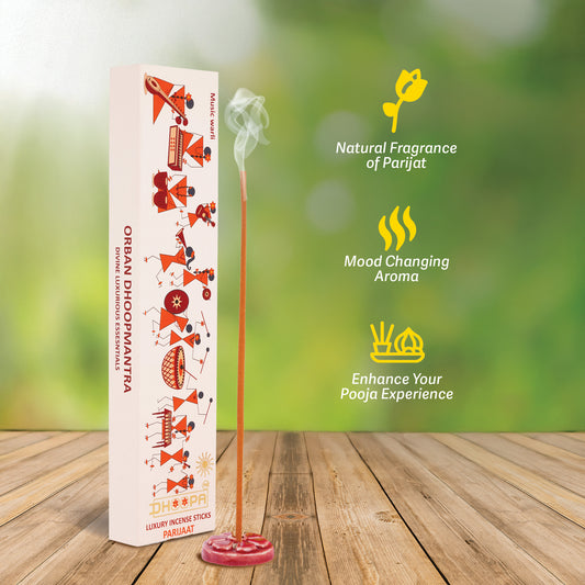 DHOOPA by ORBAN - Warli Luxury Incense Sticks | Positive Energy for puja,Yoga & Meditation | with Bookmark and Premium Stand | Parijaat Fragrance