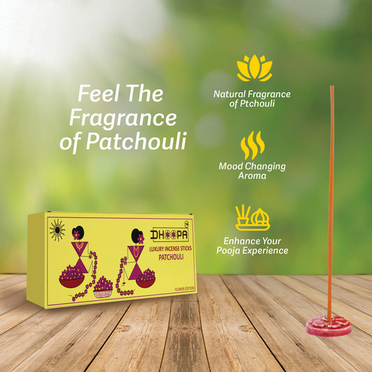 DHOOPA By ORBAN | Luxury Flower Edition Long Incense Sticks | Herbal Aroma for a Peaceful Atmosphere, Perfect For Pooja & Relaxation | Patchouli Fragrance | With bookmark and Stand