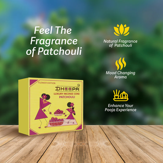 DHOOPA By ORBAN| Luxury Incense Flower Cone| Low Smoke – Clean & Peaceful Pooja | Patchouli Fragrance | With Bookmark and Stand