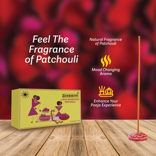 DHOOPA By ORBAN |Luxury Big Flower Edition Incense Sticks | Crafted for Pooja, Meditation & Peaceful Living | Patchouli Fragrance | With bookmark and Stand