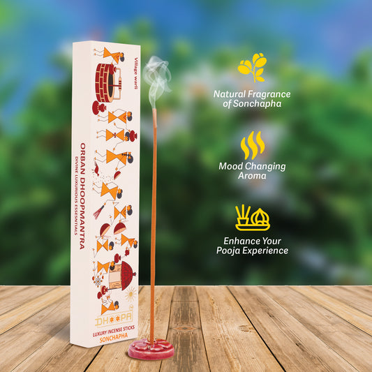 DHOOPA by ORBAN - Warli Luxury Incense Sticks | Perfect for Pooja, Meditation & Yoga | Sonchapha Fragrance | with Bookmark and Premium Incense Sticks Stand