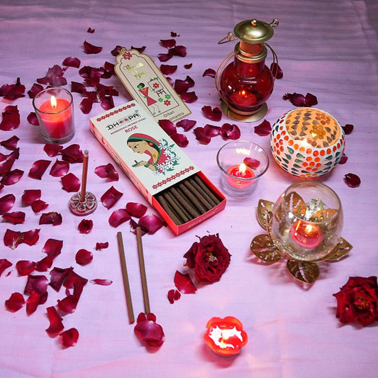 DHOOPA by ORBAN Deluxe Incense Dhoop Stick, Clean-Burning & Eco-Friendly | Enhance Meditation, Yoga & Pooja Experience | Rose Fragrance | with Stand & Bookmark