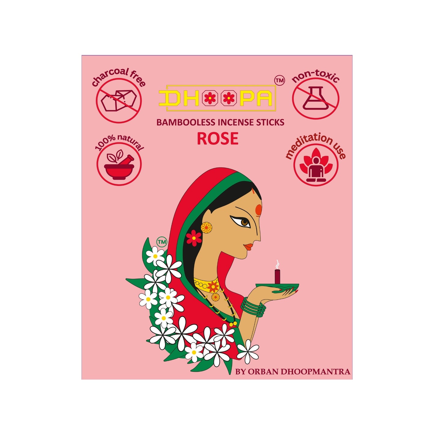 DHOOPA by ORBAN Deluxe Incense Dhoop Stick, Clean-Burning & Eco-Friendly | Enhance Meditation, Yoga & Pooja Experience | Rose Fragrance | with Stand & Bookmark