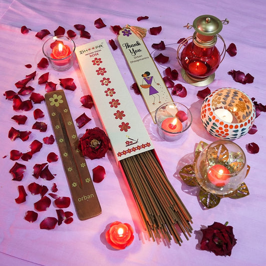 DHOOPA by ORBAN Deluxe 7 Chakra Incense Stick | Perfect for Devotional Use, Yoga & Relaxation| with Premium Stand & Warli Design Bookmark Rose Fragrance