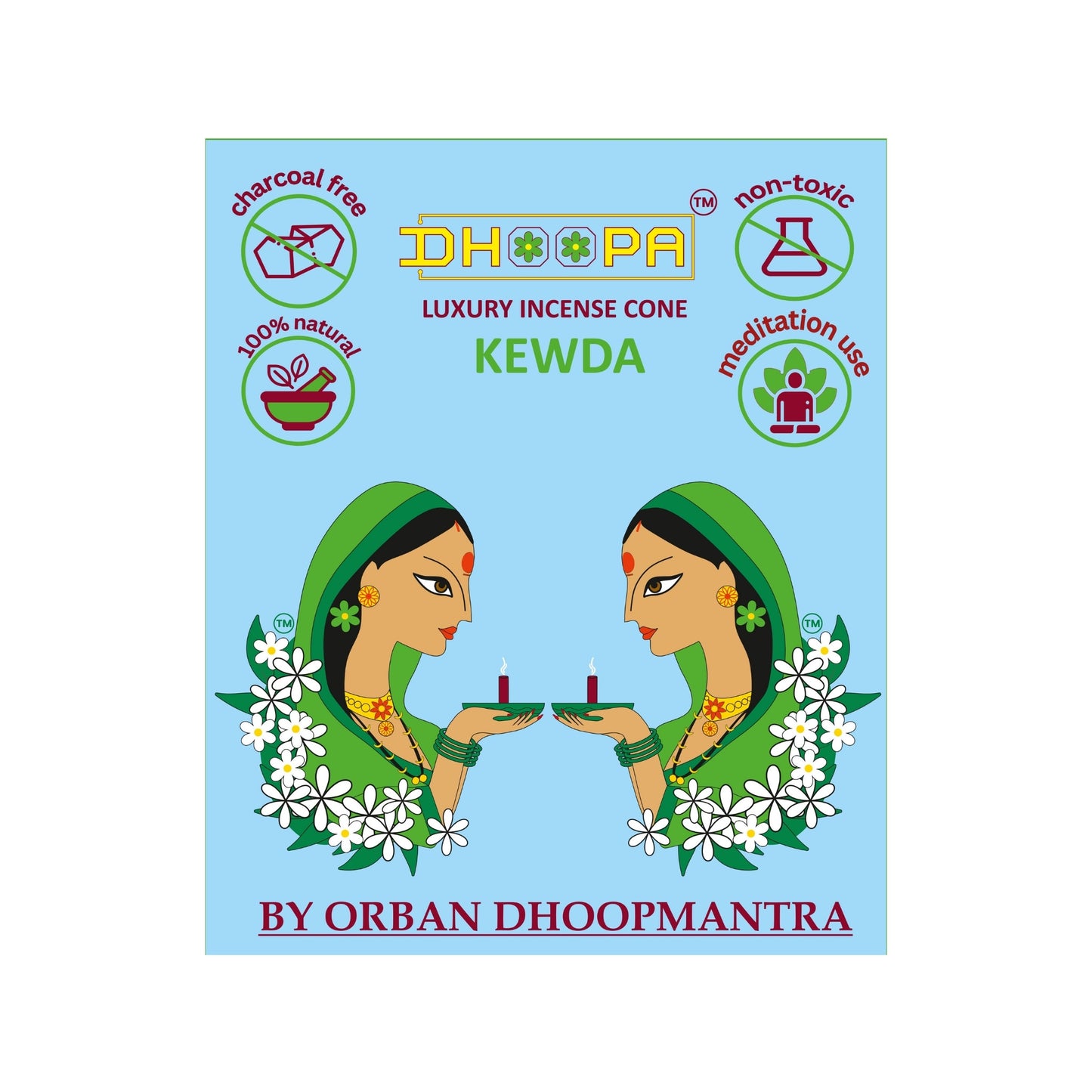 DHOOPA by ORBAN Deluxe Incense Cone|Clean Burning & Non-Toxic & Natural Incense|Ideal for Meditation & Relaxation |Kewda Fragrance with Stand and Bookmark.