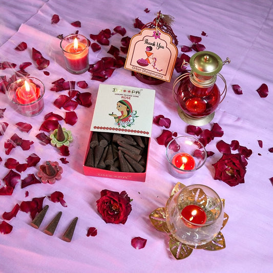 DHOOPA by ORBAN Deluxe Incense Cone | Sustainable & Eco-Friendly | Create a Spiritual Ambience | Rose Fragrance | with Cone Stand & Bookmark