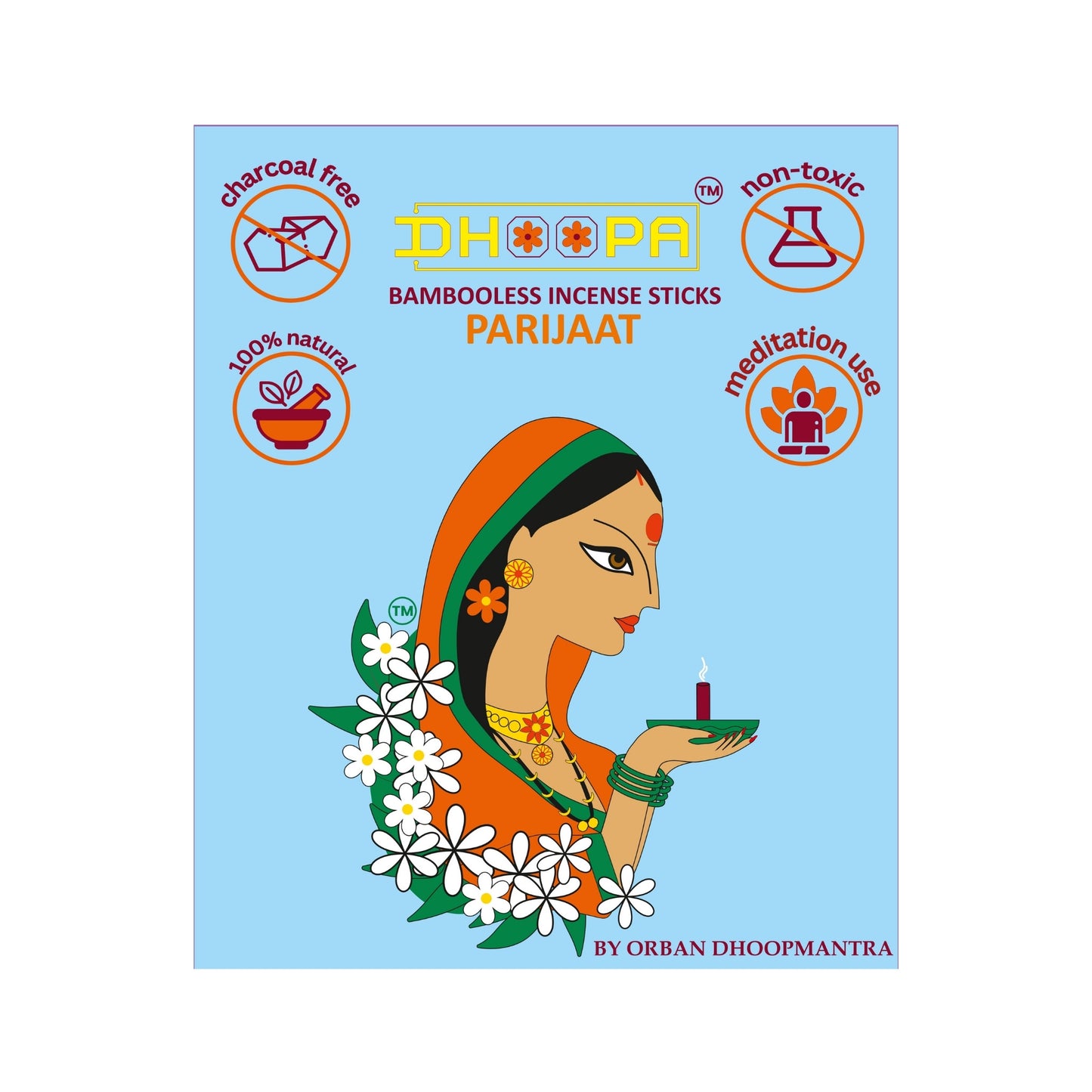 DHOOPA by ORBAN Deluxe Incense Dhoop Stick, Clean-Burning & Eco-Friendly | Enhance Meditation, Yoga & Pooja Experience | Parijaat Fragrance | with Stand & Bookmark