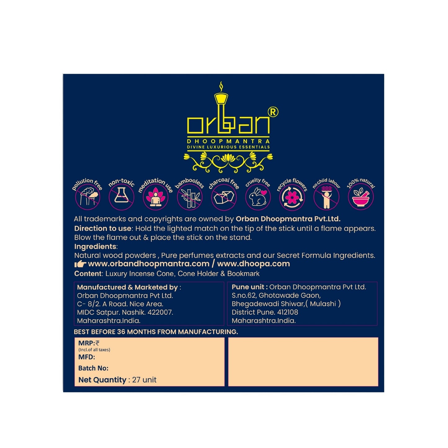 MAAY MANTRAMA By ORBAN – Royal Incense cone | Long-Lasting & Handmade | Perfect for Pooja, Yoga & Home Fragrance|Lotus Fragrance | With Incense Stand & Bookmark