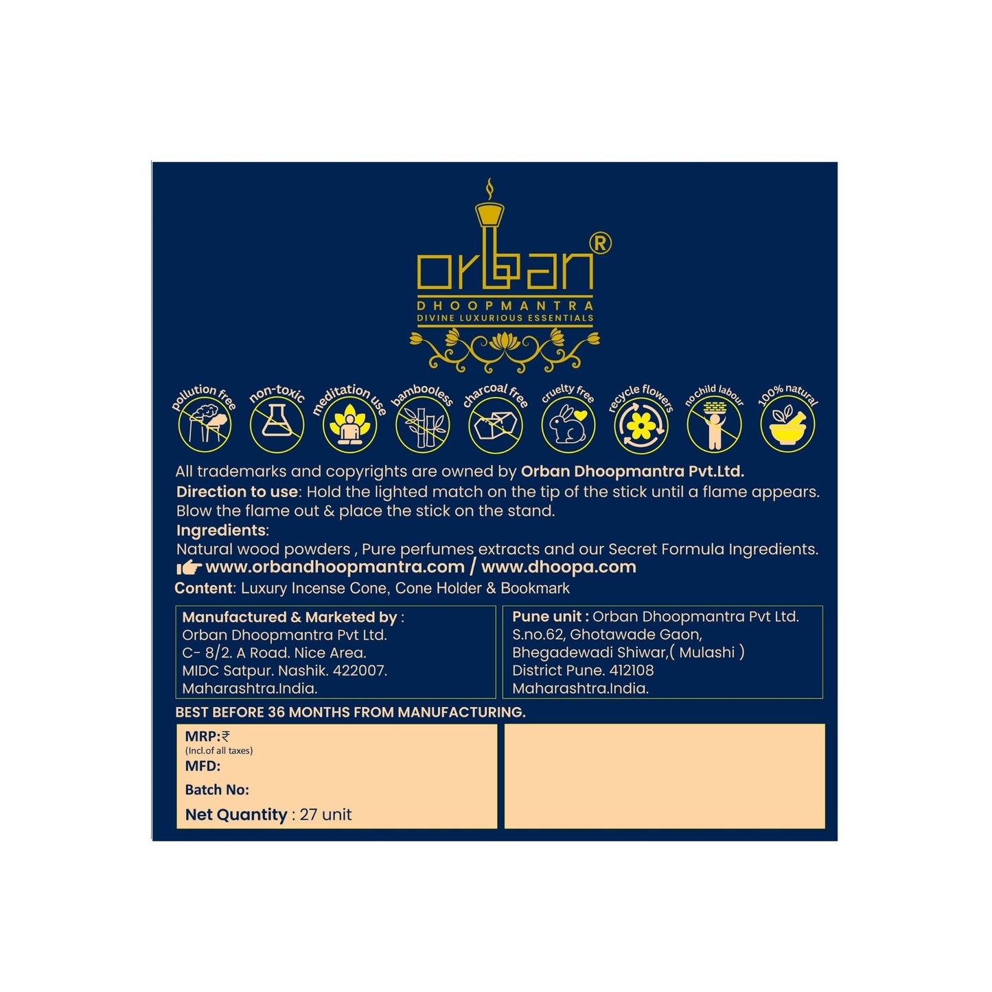 MAAY MANTRAMA By ORBAN – Royal Incense cone |Eco-Friendly , Devotional Incense For Puja ,Meditation, Relaxation |Sandalwood Fragrance | With Incense Stand & Bookmark