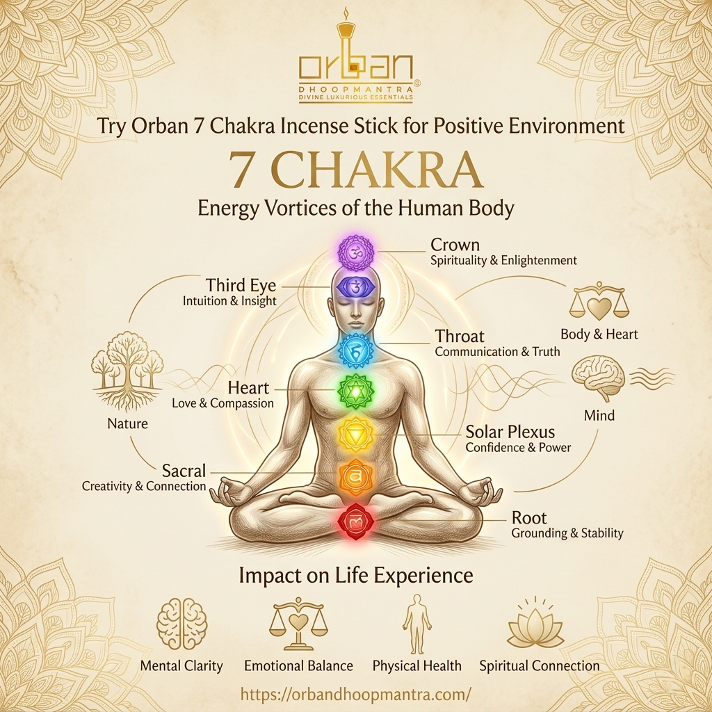 7 chakras energy centers diagram with colors and Orban Dhoopmantra incense sticks for meditation and spiritual healing