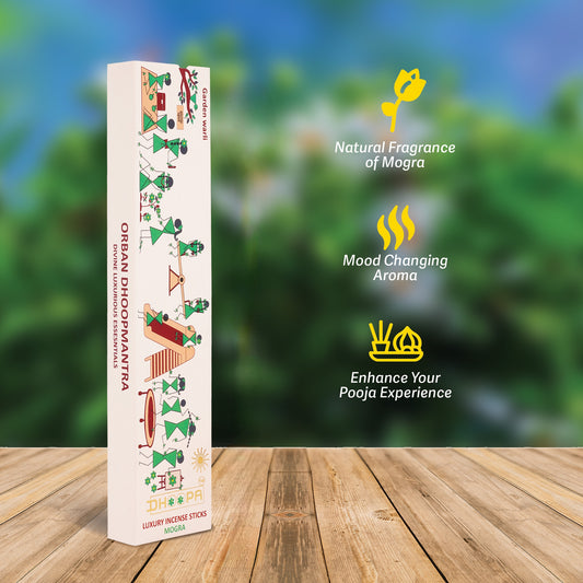 DHOOPA by ORBAN - Warli Luxury Incense Sticks | Long-Lasting Fragrance for Puja and Relaxation | Mogra Incense Sticks, with Bookmark and Premium Incense Stand, 35 Sticks.