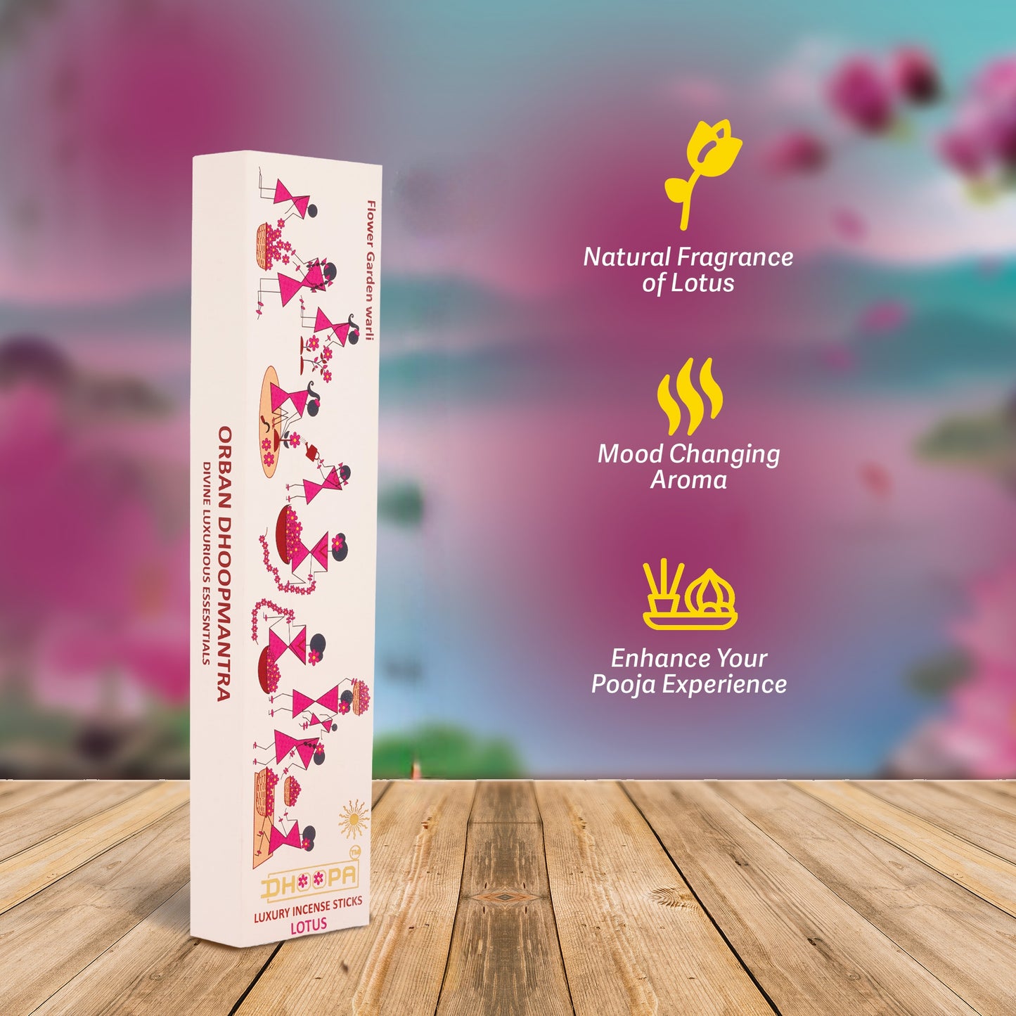 DHOOPA by ORBAN - Warli Luxury Incense Sticks | for Puja & Relaxation | Natural Lotus Fragrance | with Bookmark and Premium Incense Stand