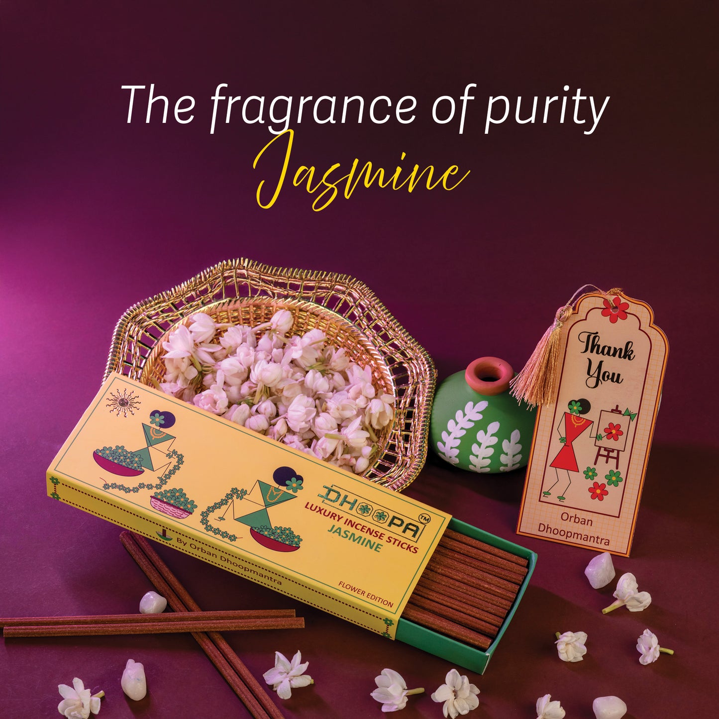 DHOOPA By ORBAN – Luxury Flower Edition Long Incense Sticks | Luxury Herbal Incense for Pooja & Relaxation |Jasmine Fragrance | With bookmark and Stand