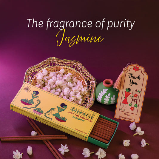 DHOOPA By ORBAN – Luxury Flower Edition Long Incense Sticks | Luxury Herbal Incense for Pooja & Relaxation |Jasmine Fragrance | With bookmark and Stand