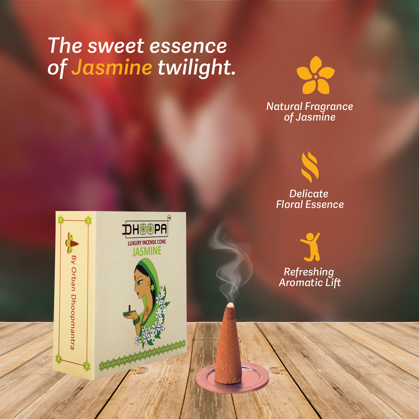 DHOOPA by ORBAN Deluxe Incense Cone | Refreshing Aroma for Peaceful Spaces | Perfect for Pooja | Jasmine Fragrance | with Stand & Bookmark