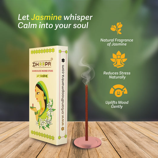 DHOOPA by ORBAN Deluxe Incense Dhoop Sticks | Charcoal-Free & Eco-Conscious | Perfect for Meditation & Pooja | Jasmine Fragrance | with Stand & Bookmark