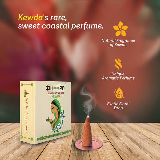 DHOOPA by ORBAN Deluxe Incense Cone|Clean Burning & Non-Toxic & Natural Incense|Ideal for Meditation & Relaxation |Kewda Fragrance with Stand and Bookmark.