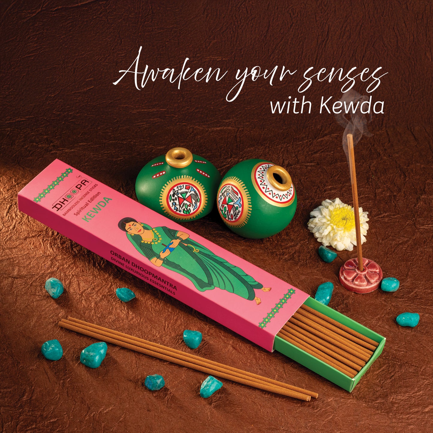 DHOOPA By ORBAN - Classic Bambooless Incense Sticks | Long-Lasting & Charcoal-Free ,Perfect  For Pooja | Kewda Fragrance With Incense Sticks Stand