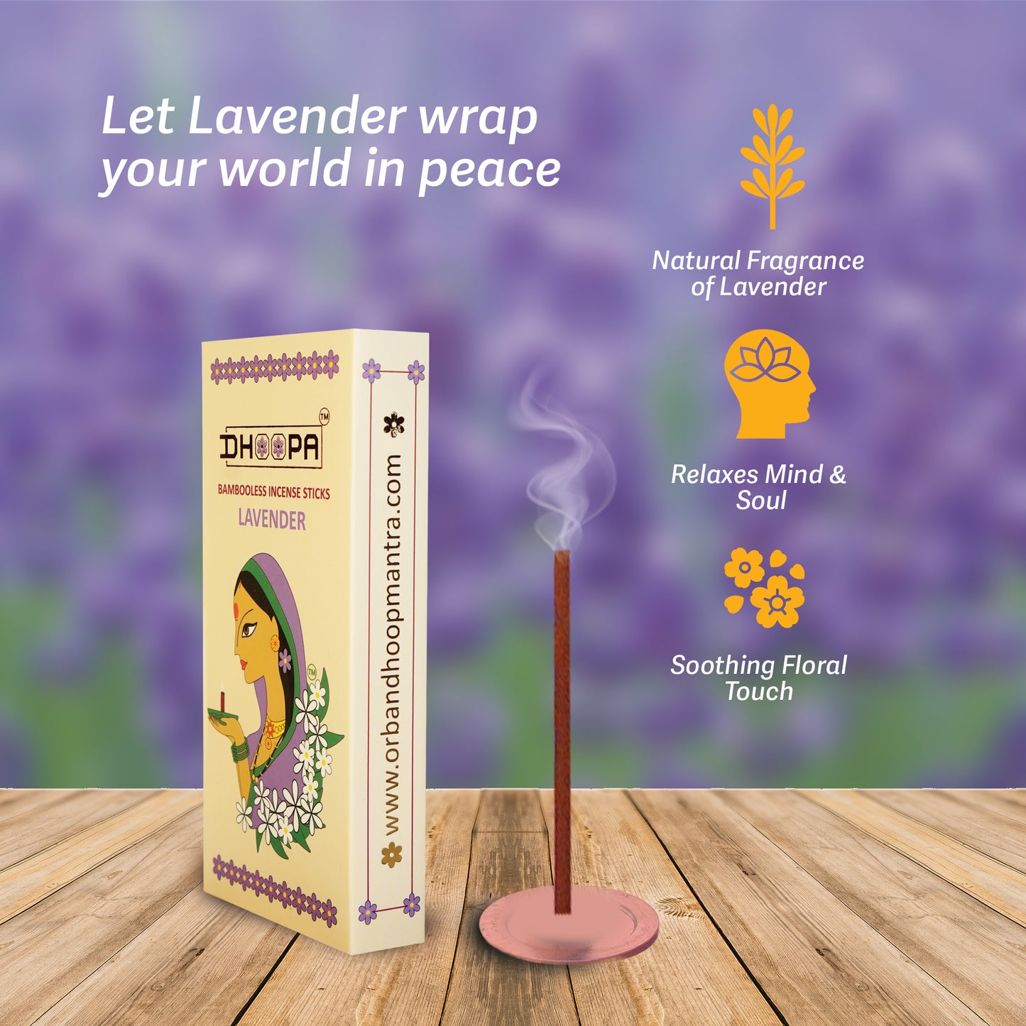 DHOOPA by ORBAN Deluxe Incense Dhoop Sticks | Create Calm & Positivity | Ideal for Pooja, Yoga & Daily Rituals | Lavender Fragrance | with Stand & Bookmark