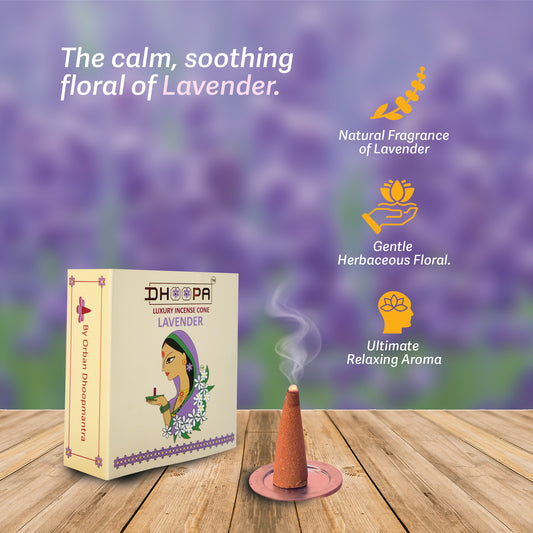DHOOPA by ORBAN Deluxe Incense Cone | Create a Divine Aura | Ideal for Pooja & Meditation | Pure Lavender Fragrance | with Stand and Warli Art Bookmark