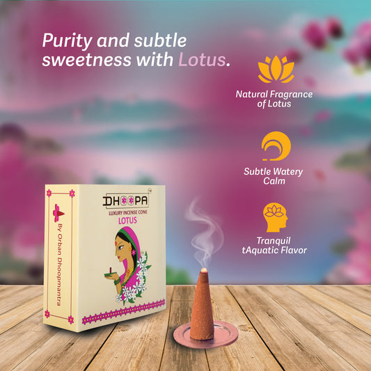 DHOOPA by ORBAN Deluxe Incense Cone | Clean Burning & Non-Toxic & Natural Incense| Ideal for Meditation & Relaxation | Lotus Fragrance with Stand and Bookmark.