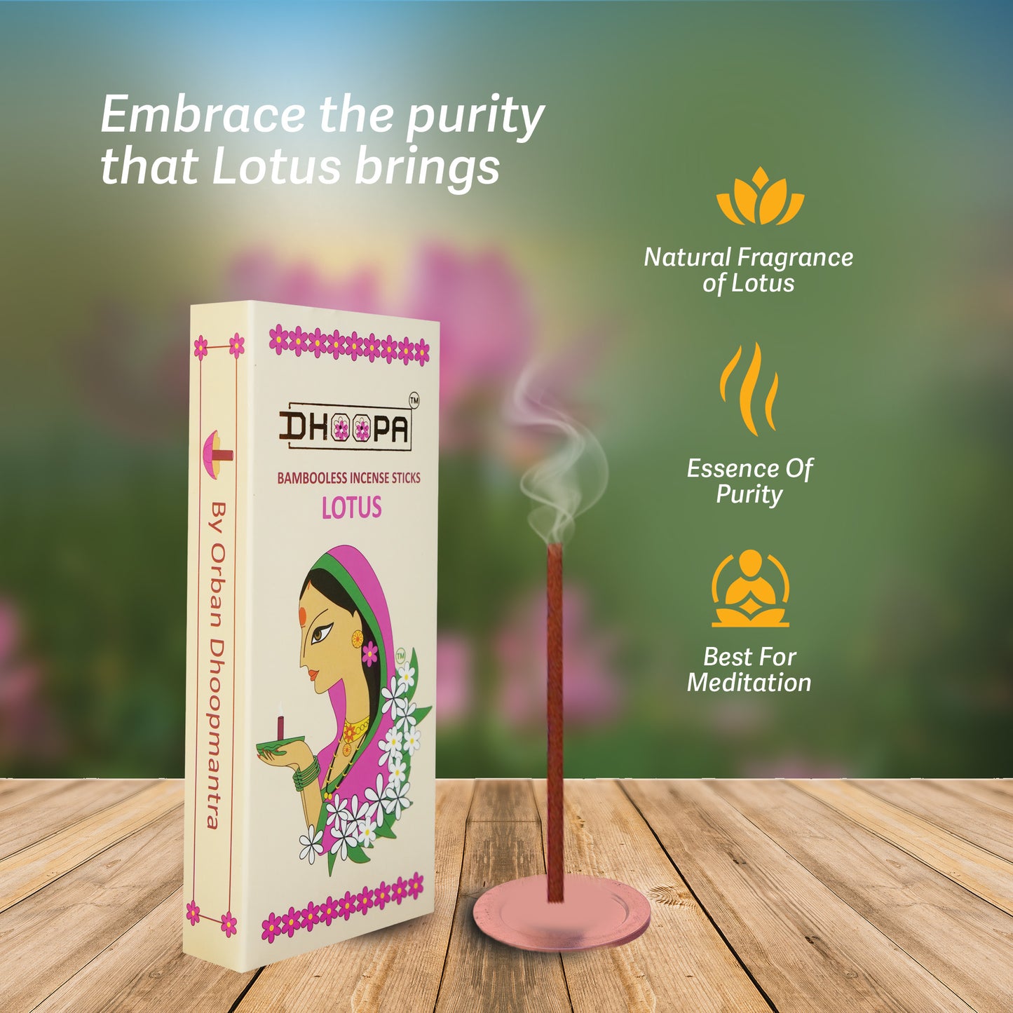 DHOOPA by ORBAN Deluxe Incense Dhoop Stick | Relaxing Aroma for Mindfulness, Yoga, Meditation & Pooja | Lotus Fragrance | with Bookmark & Stand