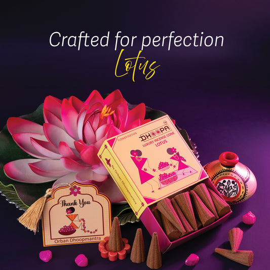 DHOOPA By ORBAN |Luxury Incense Flower Cone| Low Smoke for Clean Pooja|With Bookmark and Stand Lotus Fragrance
