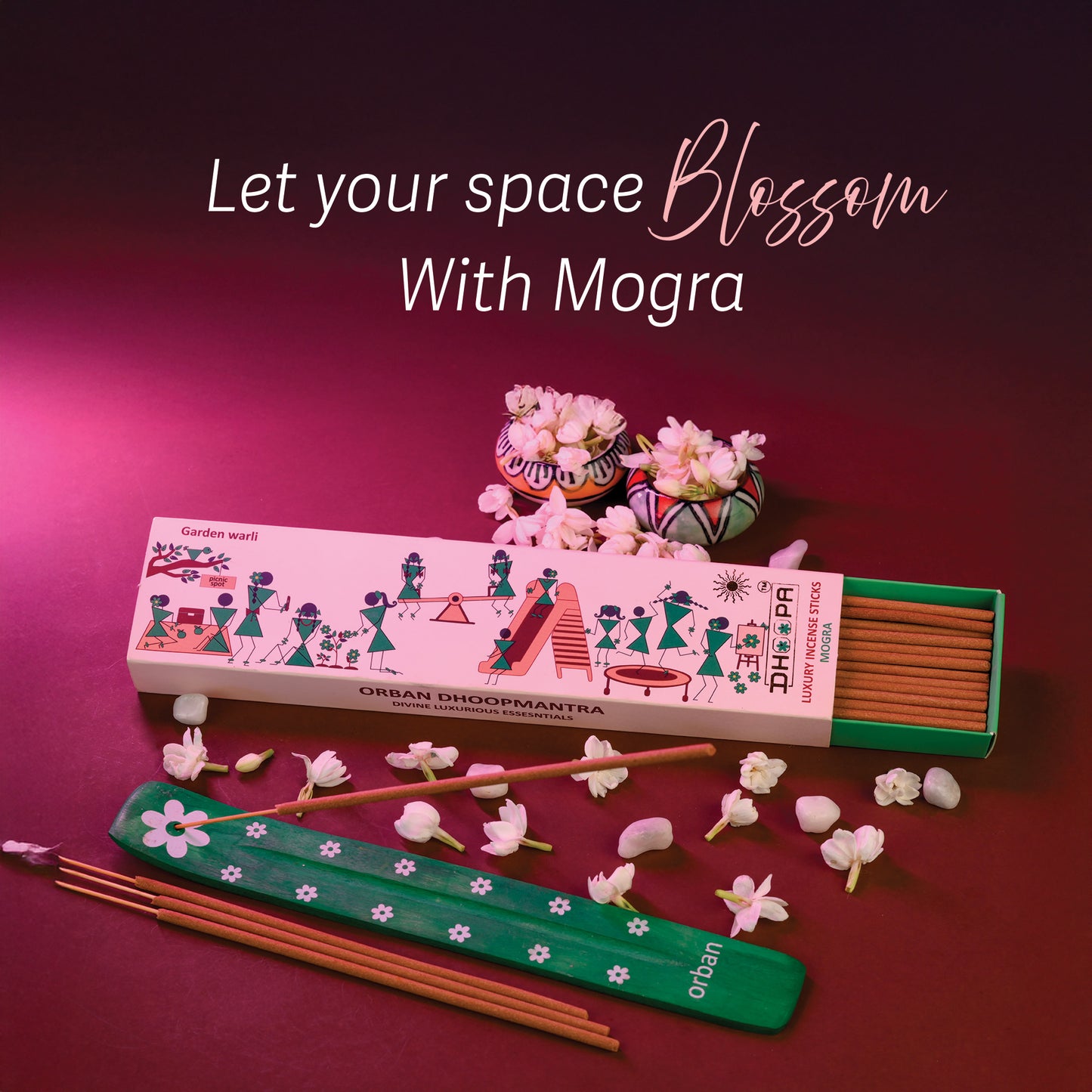 DHOOPA by ORBAN - Warli Luxury Incense Sticks | Long-Lasting Fragrance for Puja and Relaxation | Mogra Incense Sticks, with Bookmark and Premium Incense Stand, 35 Sticks.