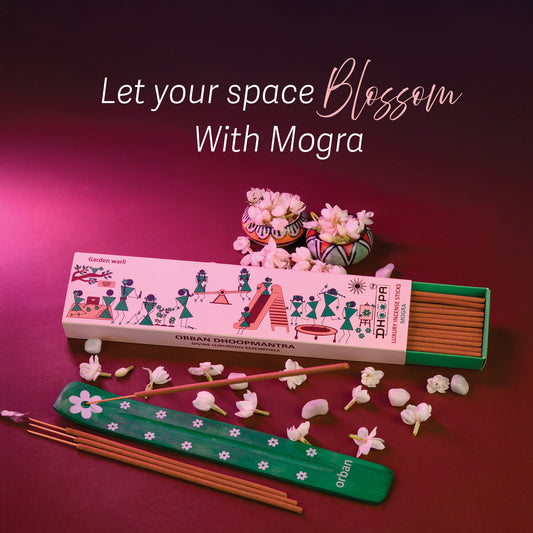 DHOOPA by ORBAN - Warli Luxury Incense Sticks | Long-Lasting Fragrance for Puja and Relaxation | Mogra Incense Sticks, with Bookmark and Premium Incense Stand, 35 Sticks.