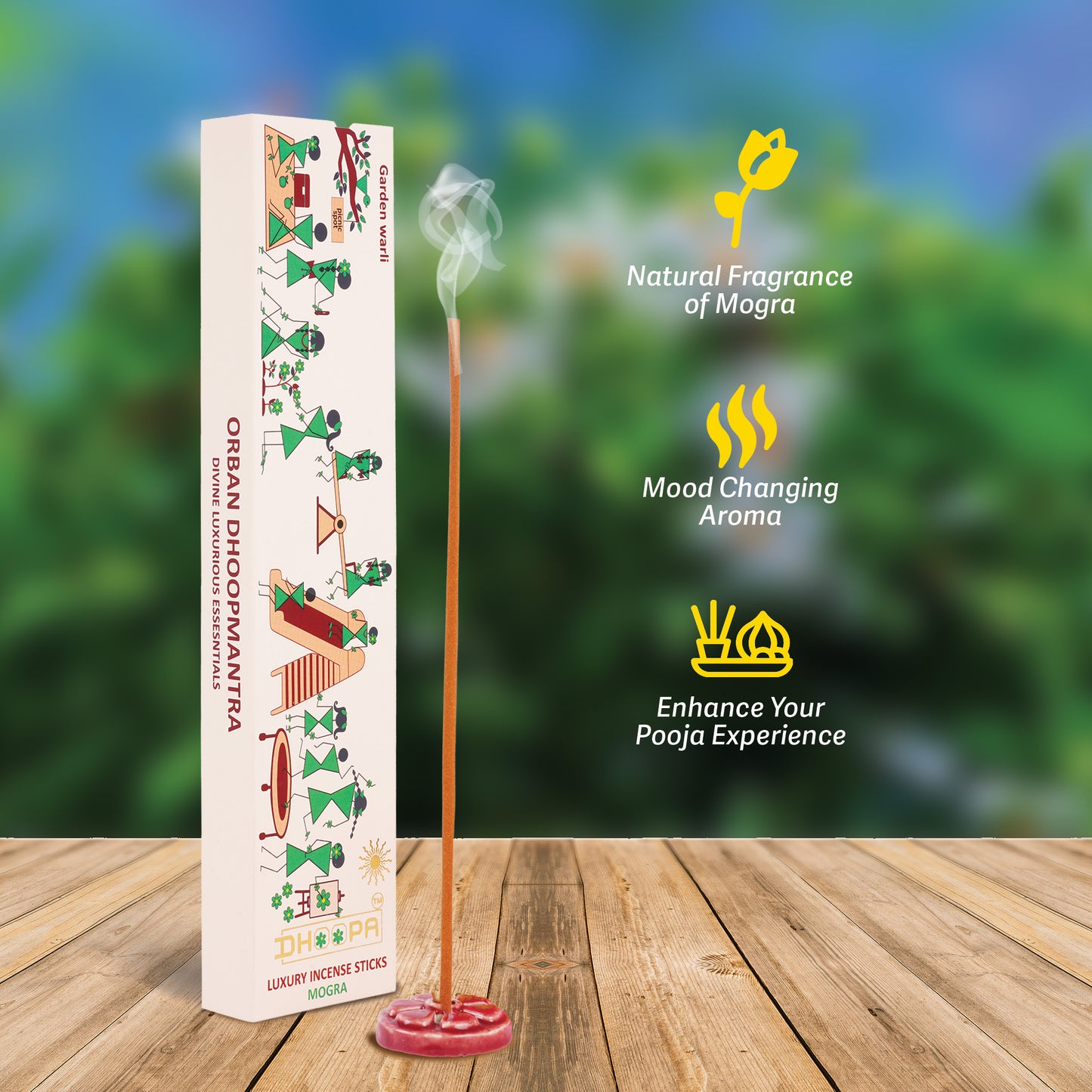 DHOOPA by ORBAN - Warli Luxury Incense Sticks | Long-Lasting Fragrance for Puja and Relaxation | Mogra Incense Sticks, with Bookmark and Premium Incense Stand, 35 Sticks.