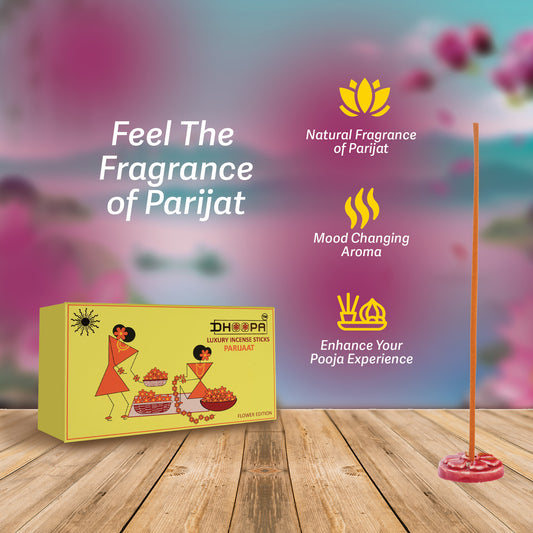 DHOOPA By ORBAN | Luxury Big Flower Edition Incense Sticks | Perfect for Prayer, Yoga, & Peaceful Living | Parijaat Fragrance | With bookmark and Stand