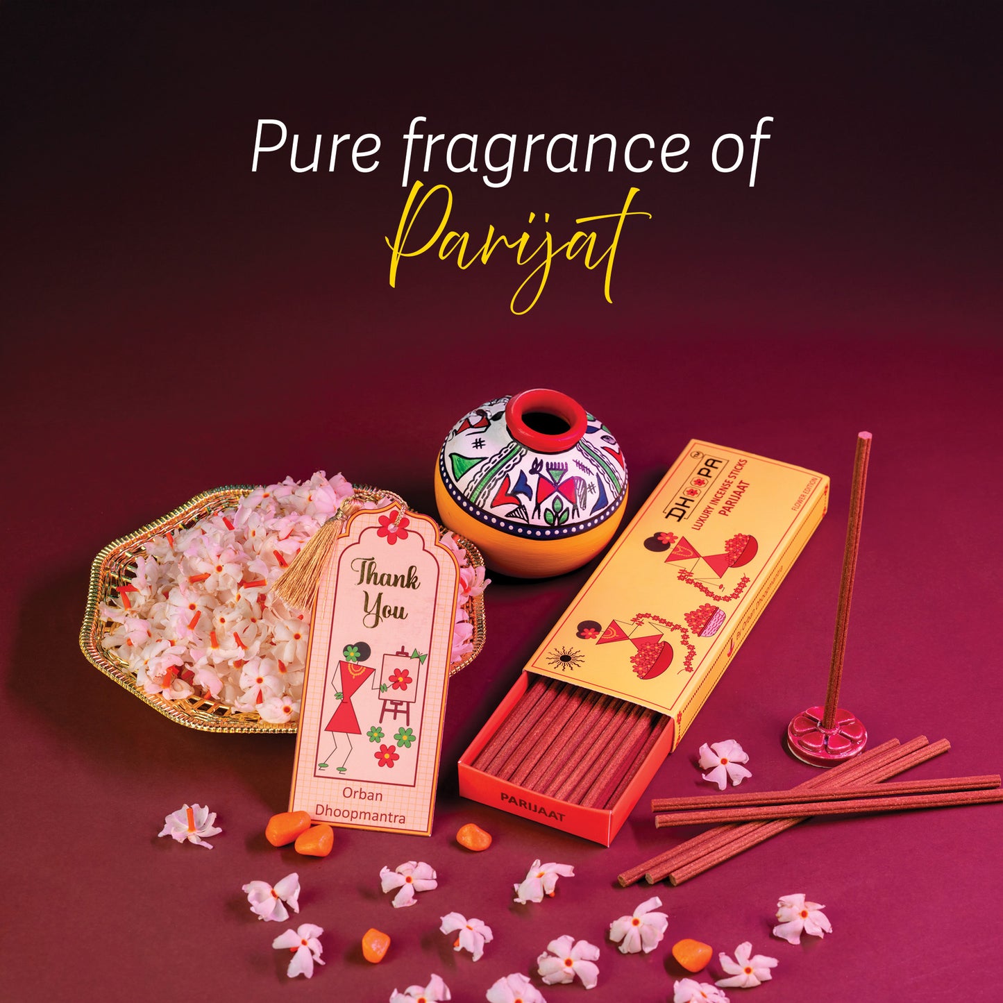DHOOPA By ORBAN – Luxury Flower Edition Long Incense Sticks |Natural Freshness, Perfect for Festivals & Daily Pooja | Parijaat Fragrance | With bookmark and Stand