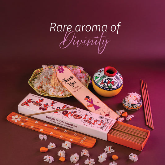 DHOOPA by ORBAN - Warli Luxury Incense Sticks | Positive Energy for puja,Yoga & Meditation | with Bookmark and Premium Stand | Parijaat Fragrance