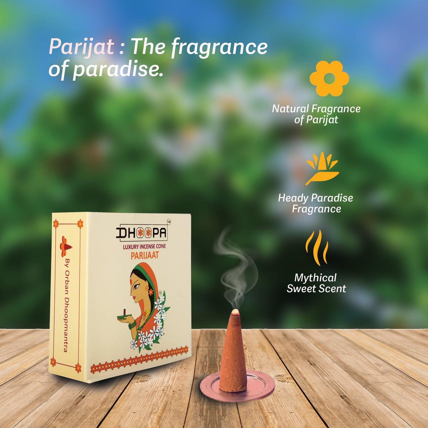 DHOOPA by ORBAN Deluxe Incense Cone | Organic & Charcoal-Free | Enhances Focus & Calm | Parijaat Fragrance | with Stand and Bookmark