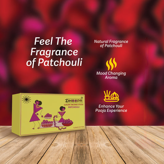 DHOOPA By ORBAN |Luxury Big Flower Edition Incense Sticks | Crafted for Pooja, Meditation &  Peaceful Living | Patchouli Fragrance | With bookmark and Stand