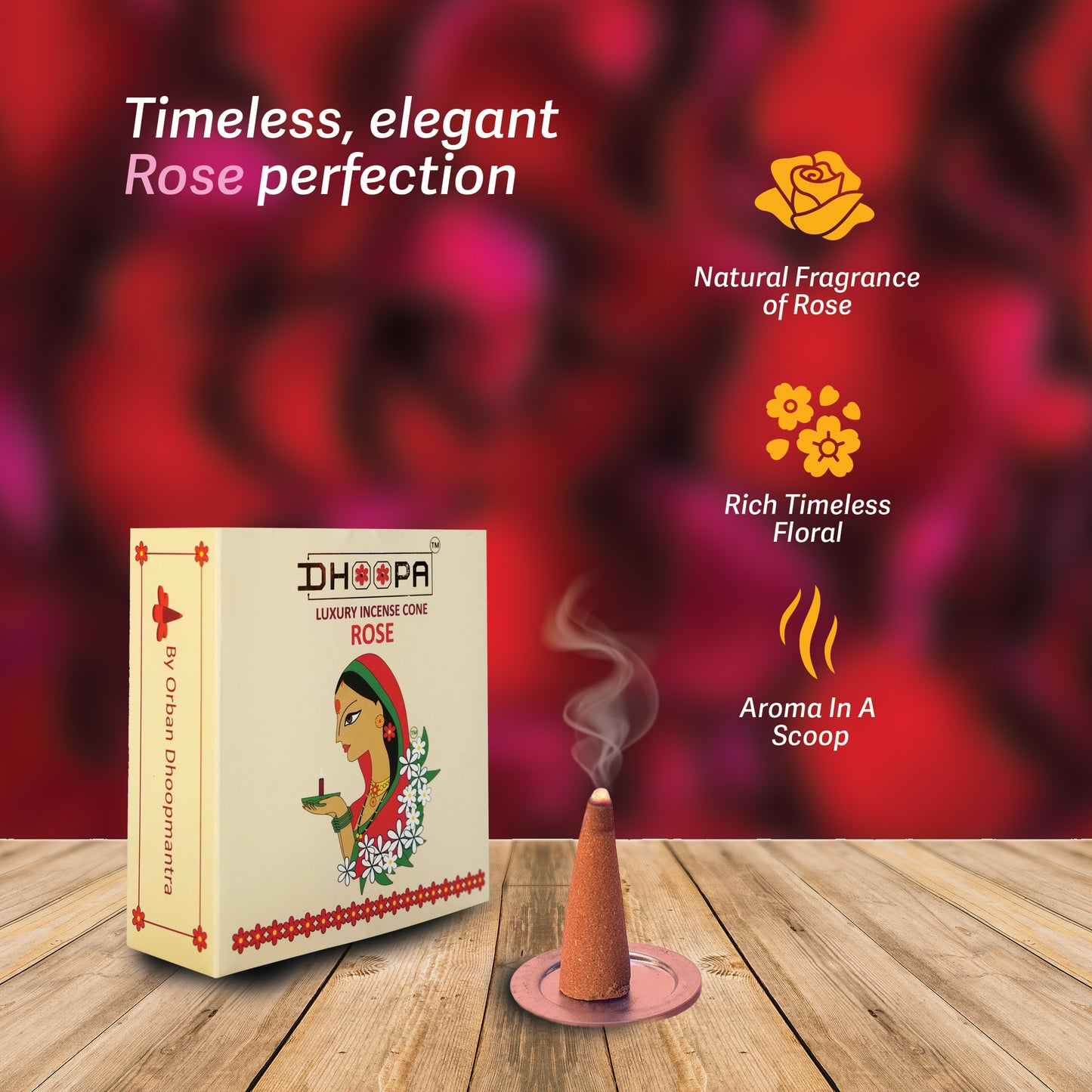 DHOOPA by ORBAN Deluxe Incense Cone | Sustainable & Eco-Friendly | Create a Spiritual Ambience | Rose Fragrance | with Cone Stand & Bookmark