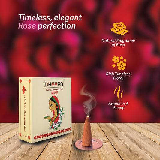 DHOOPA by ORBAN Deluxe Incense Cone | Sustainable & Eco-Friendly | Create a Spiritual Ambience | Rose Fragrance | with Cone Stand & Bookmark