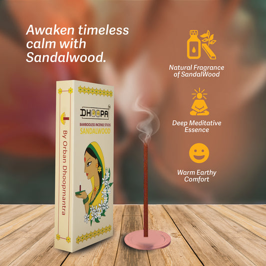 DHOOPA by ORBAN Deluxe Incense Dhoop Sticks | Pure & Natural Blend | Ideal for Prayer, Meditation & Wellness | Sandalwood Fragrance | with Stand & Bookmark