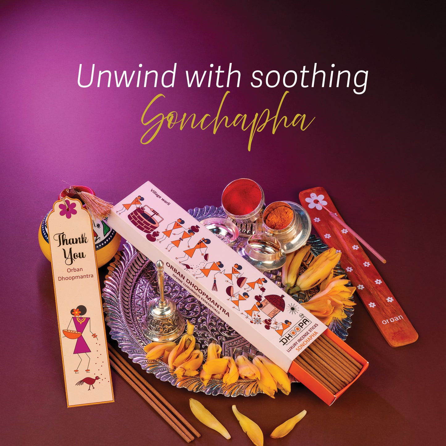 DHOOPA by ORBAN - Warli Luxury Incense Sticks | Perfect for Pooja, Meditation & Yoga | Sonchapha Fragrance | with Bookmark and Premium Incense Sticks Stand