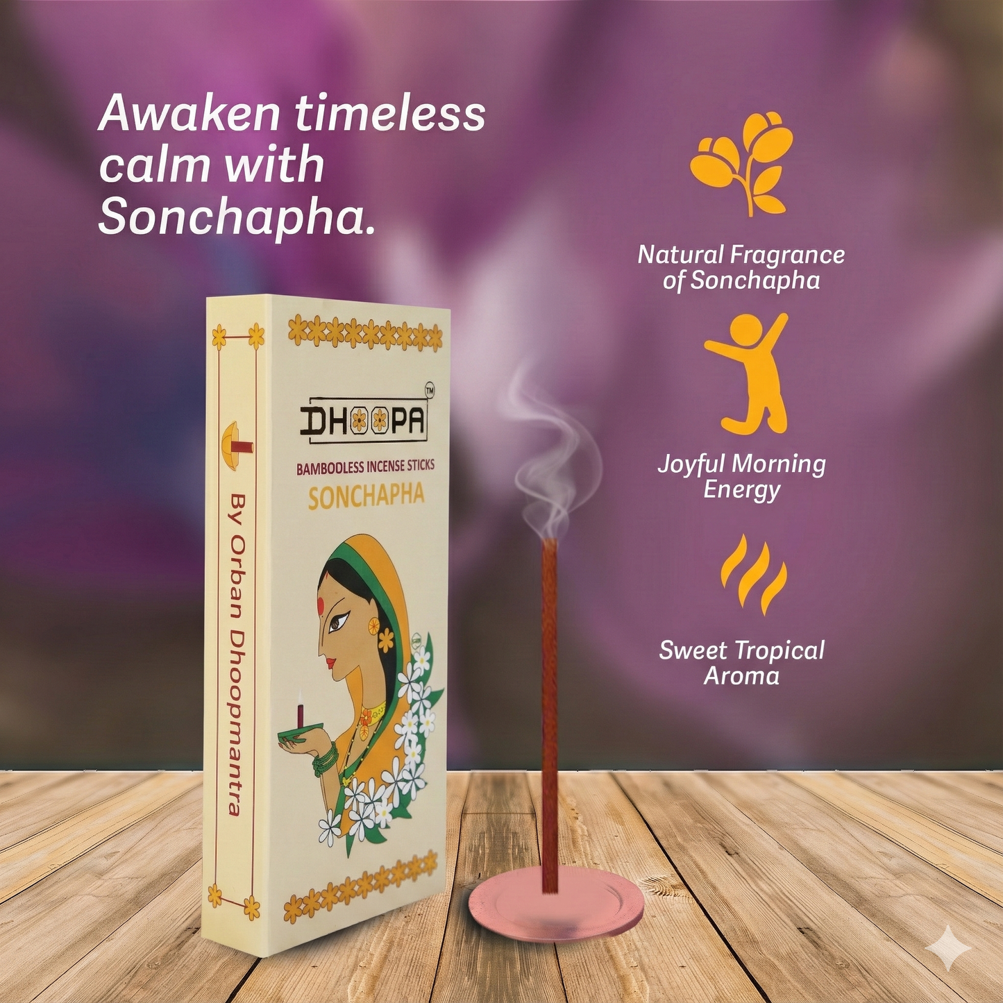 DHOOPA by ORBAN Deluxe Incense Dhoop Sticks | Spiritual & Soothing Aroma | Perfect for Home, Yoga & Pooja | Sonchapha Fragrance | with Stand & Bookmark