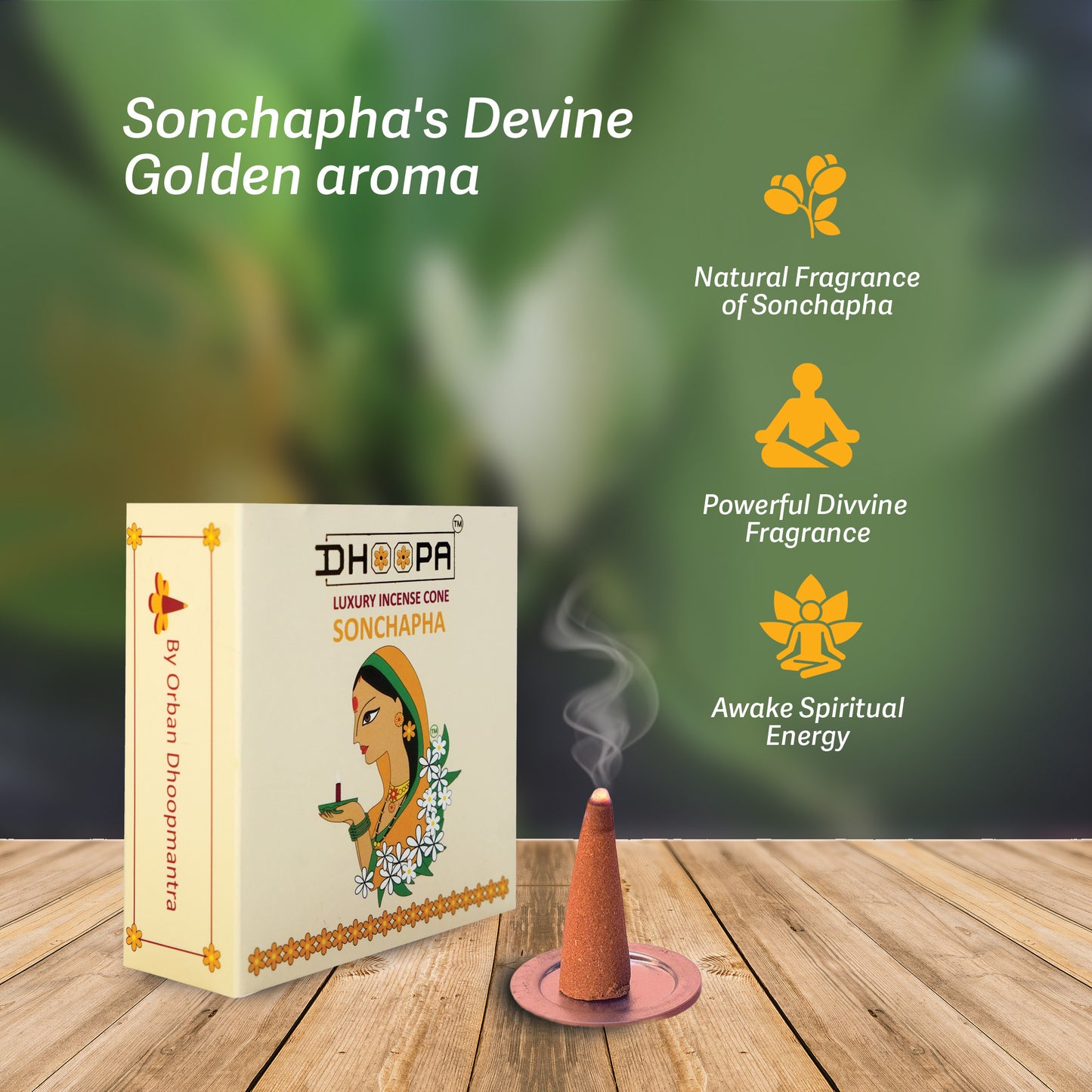 DHOOPA by ORBAN Deluxe Incense Cone | Eco-Friendly & Handmade | Perfect for Spiritual & Home Use | Sonchapha Fragrance | with Stand & Bookmark