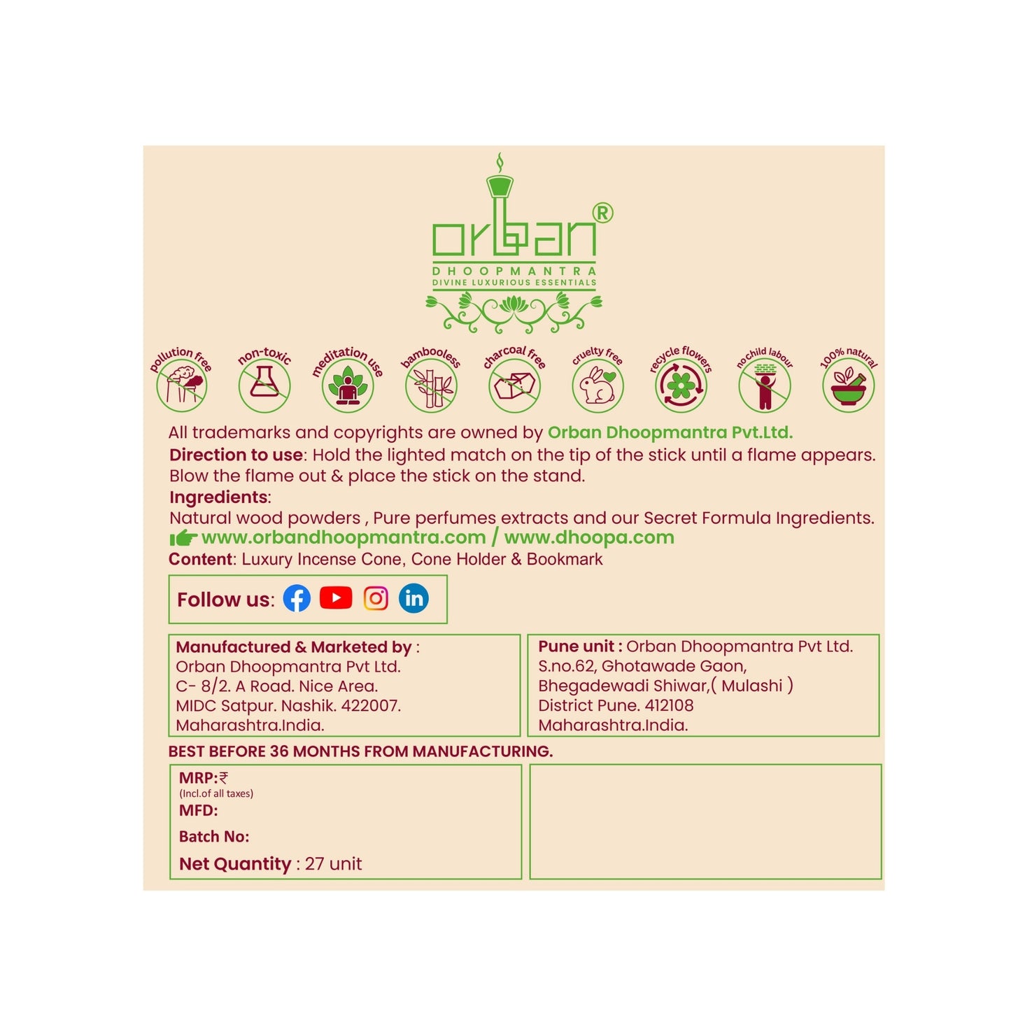 DHOOPA by ORBAN Deluxe Incense Cone|Clean Burning & Non-Toxic & Natural Incense|Ideal for Meditation & Relaxation |Kewda Fragrance with Stand and Bookmark.