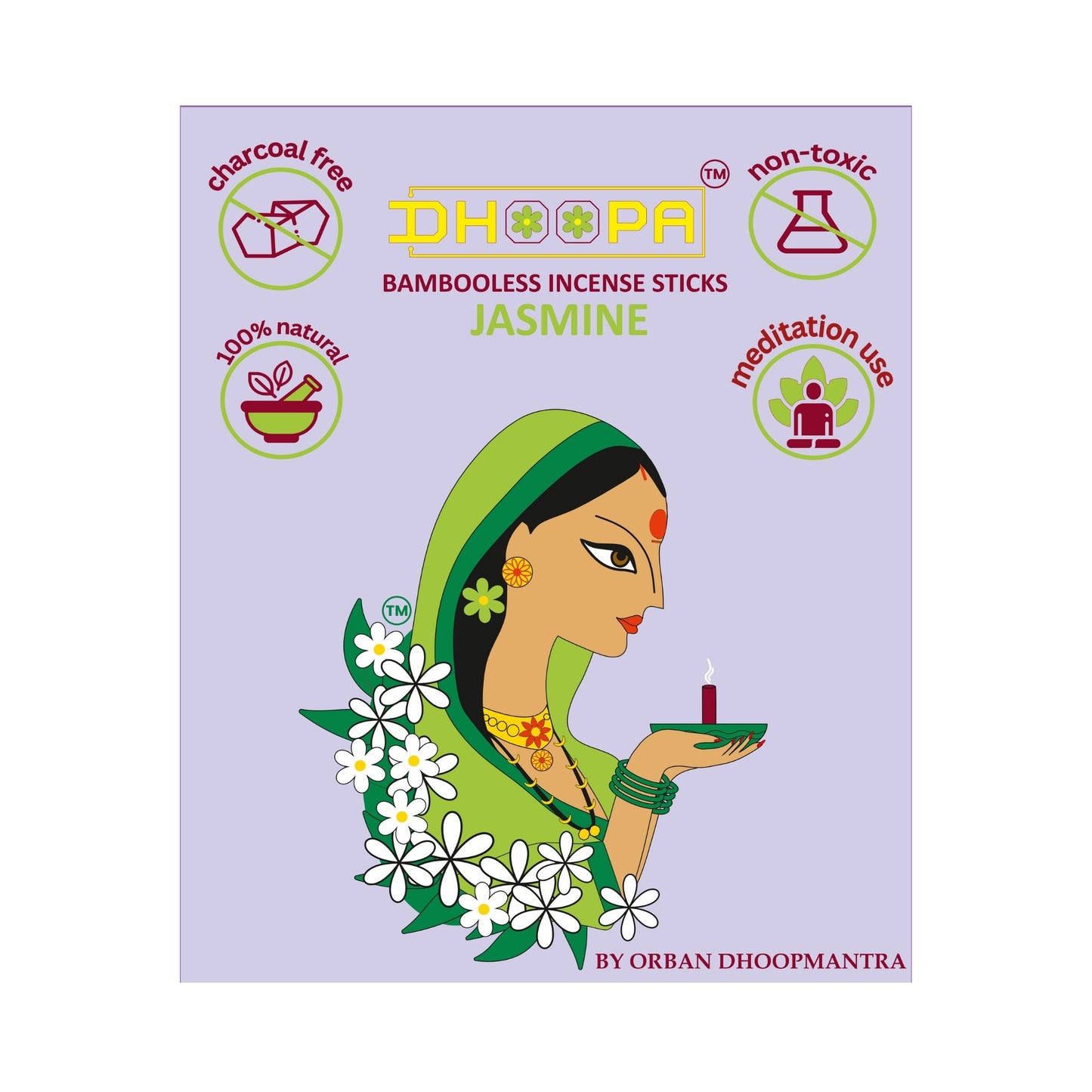 DHOOPA by ORBAN Deluxe Incense Dhoop Sticks | Charcoal-Free & Eco-Conscious | Perfect for Meditation & Pooja | Jasmine Fragrance | with Stand & Bookmark