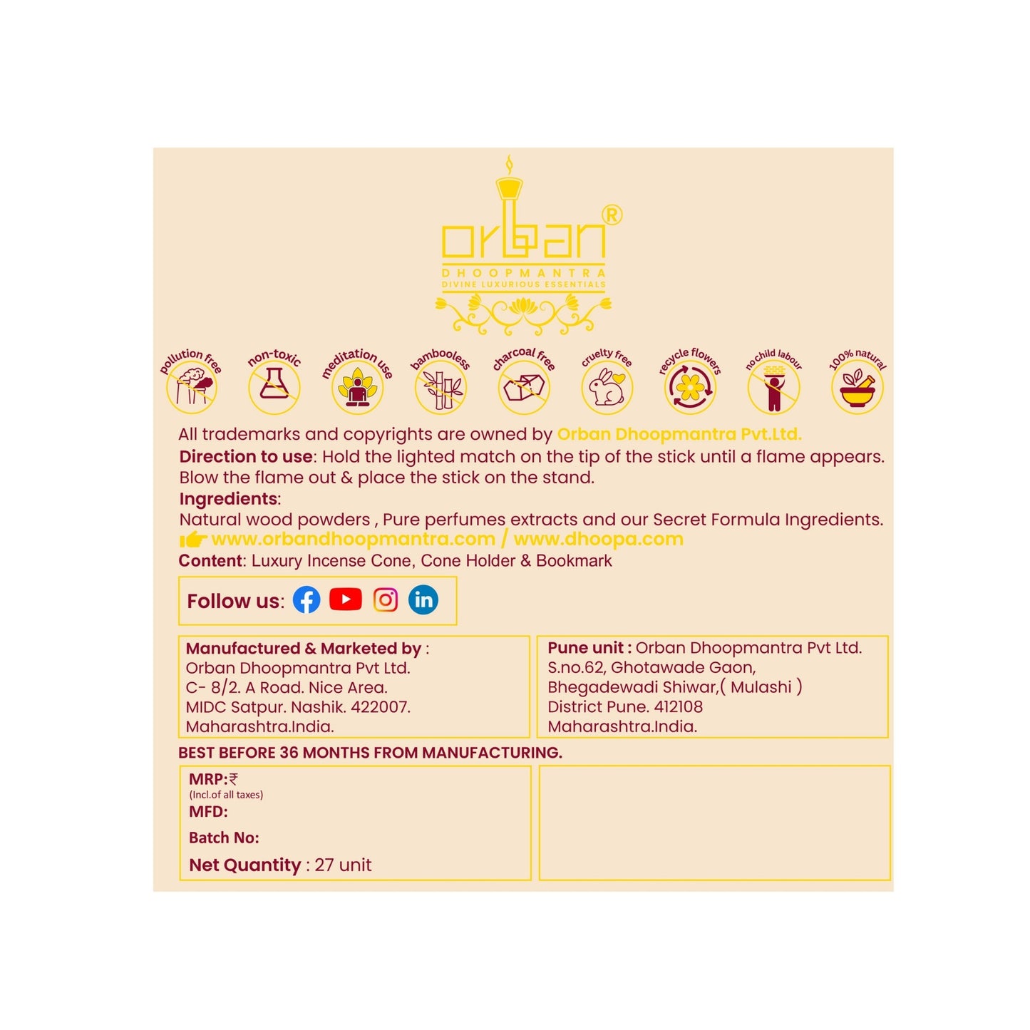 DHOOPA by ORBAN Deluxe Incense Cone | Natural & Long-Lasting | Best for Meditation, Yoga & Prayer | Sandalwood Fragrance with Stand and Warli Art Bookmark