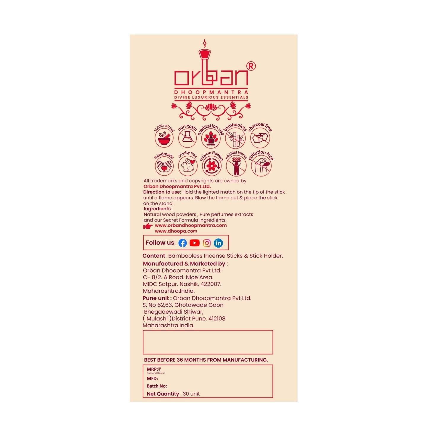 DHOOPA by ORBAN Deluxe Incense Dhoop Stick, Clean-Burning & Eco-Friendly | Enhance Meditation, Yoga & Pooja Experience | Rose Fragrance | with Stand & Bookmark