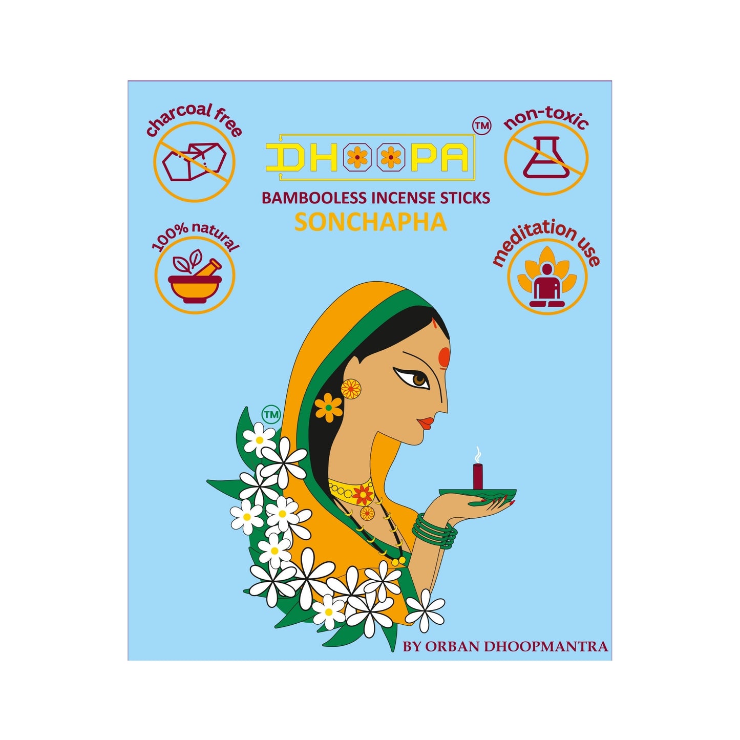 DHOOPA by ORBAN Deluxe Incense Dhoop Sticks | Spiritual & Soothing Aroma | Perfect for Home, Yoga & Pooja | Sonchapha Fragrance | with Stand & Bookmark