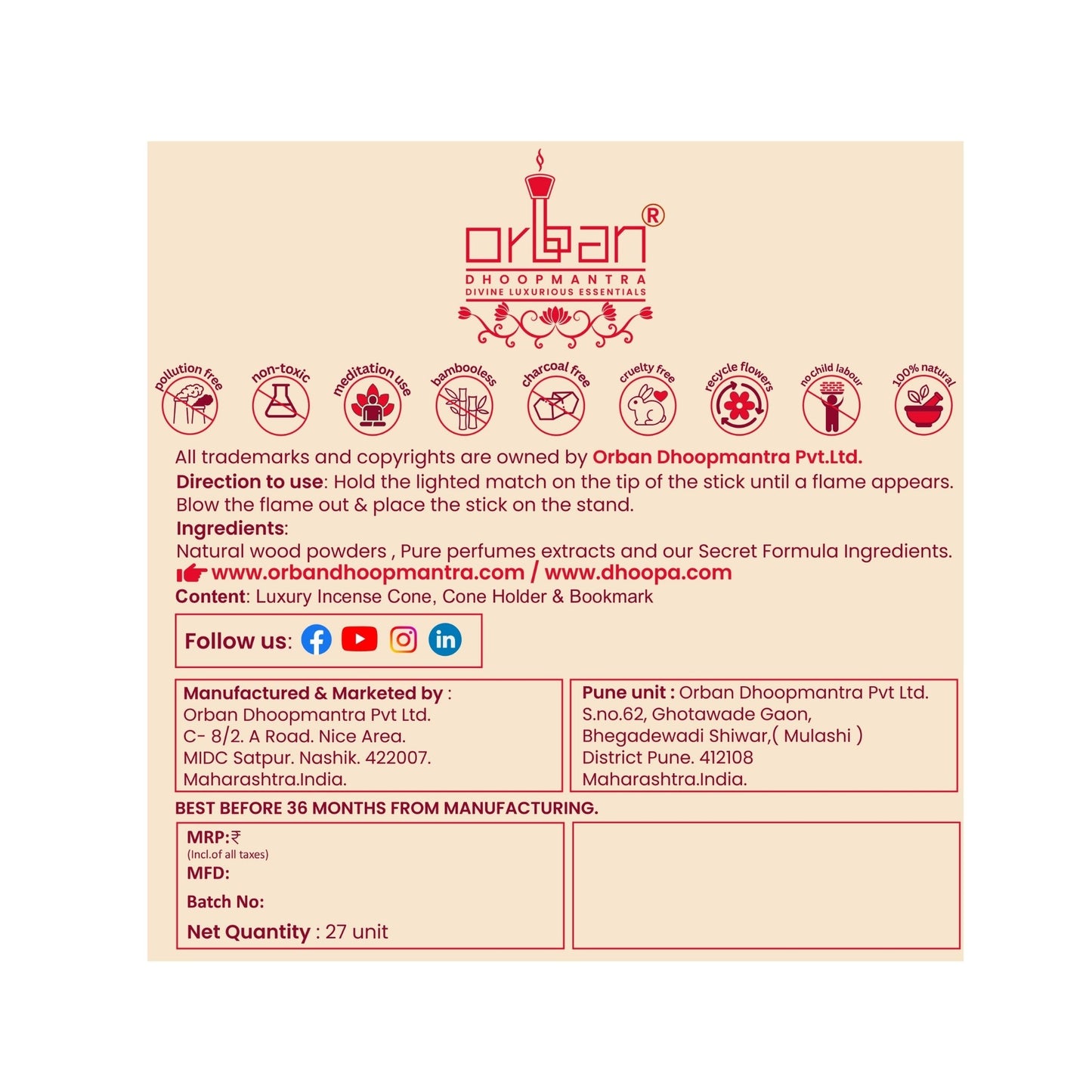 DHOOPA by ORBAN Deluxe Incense Cone | Sustainable & Eco-Friendly | Create a Spiritual Ambience | Rose Fragrance | with Cone Stand & Bookmark