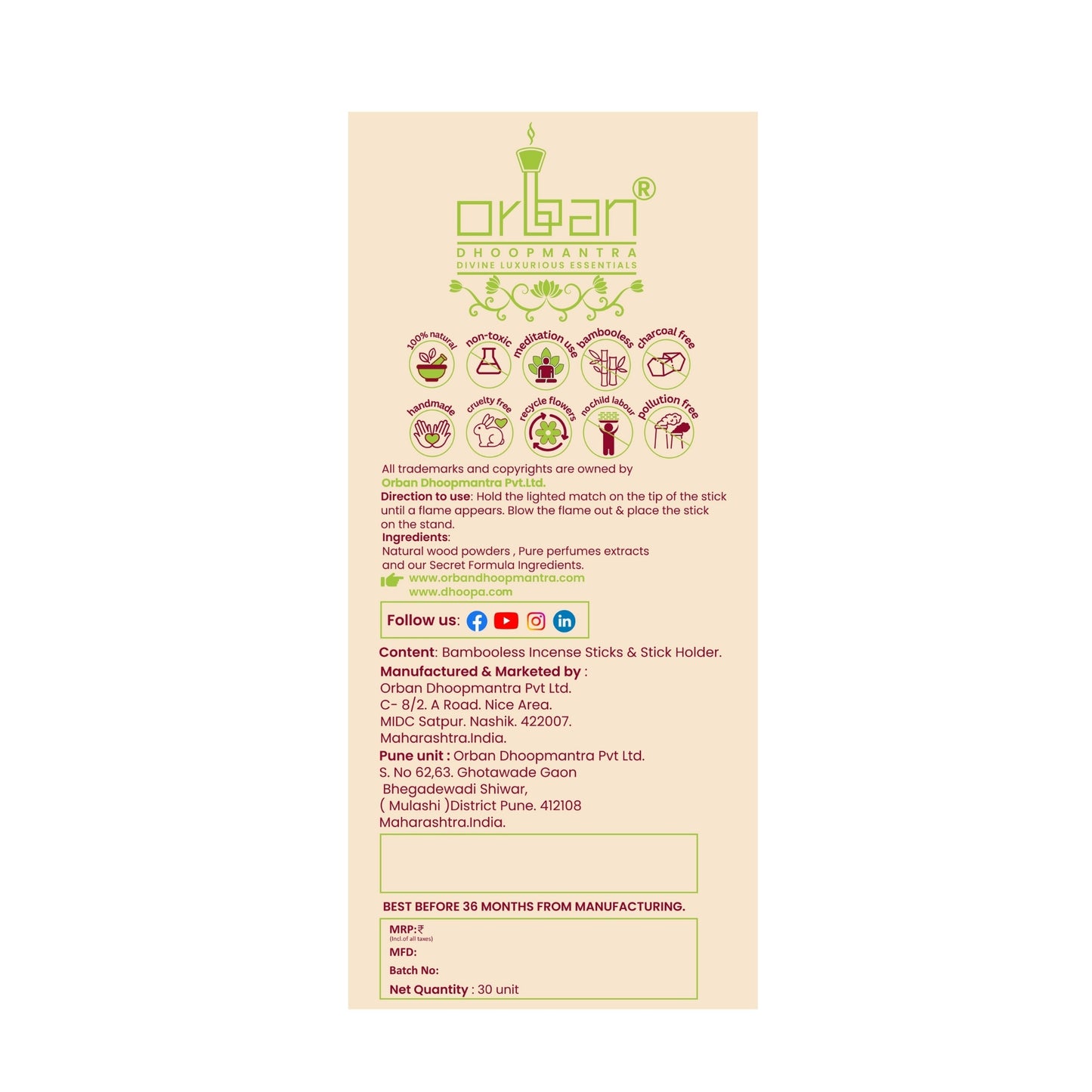 DHOOPA by ORBAN Deluxe Incense Dhoop Sticks | Charcoal-Free & Eco-Conscious | Perfect for Meditation & Pooja | Jasmine Fragrance | with Stand & Bookmark